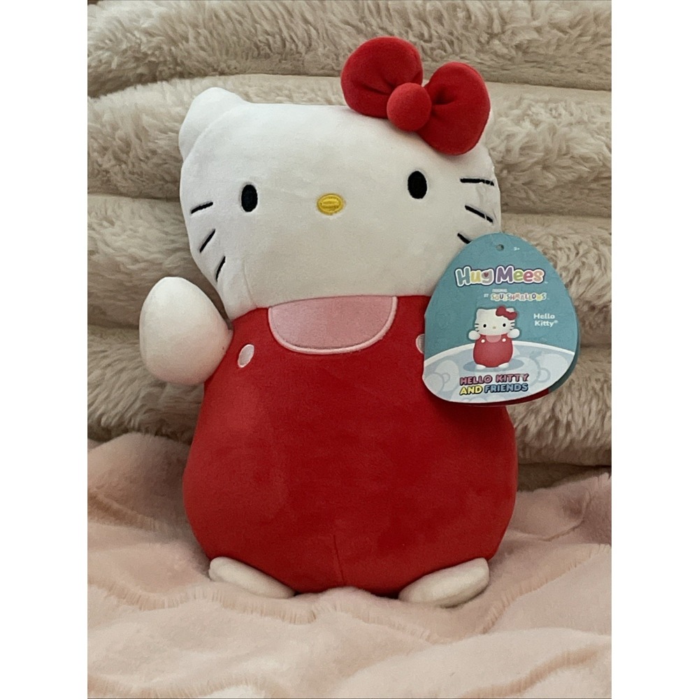 Hello Kitty Squishmallows HugMees Hello Kitty Red and Pink Overalls 10'' Plush